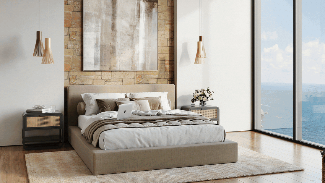 Alt: Ultra Bed Frame in Grey, black, Blue, and Toast.