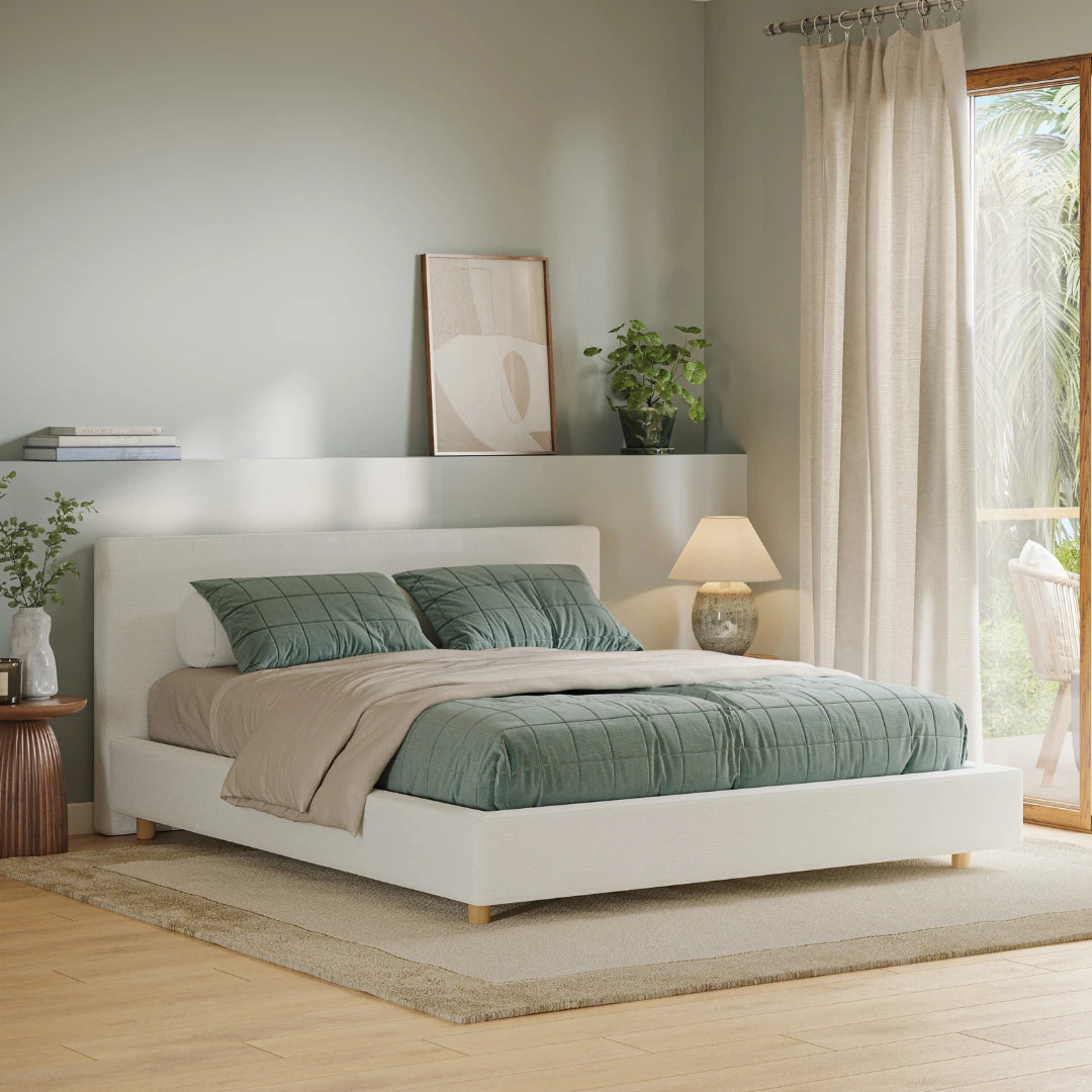 Classic white set| Lifted box spring| All cushioned bed frame| Queen| SoftFrame Designs