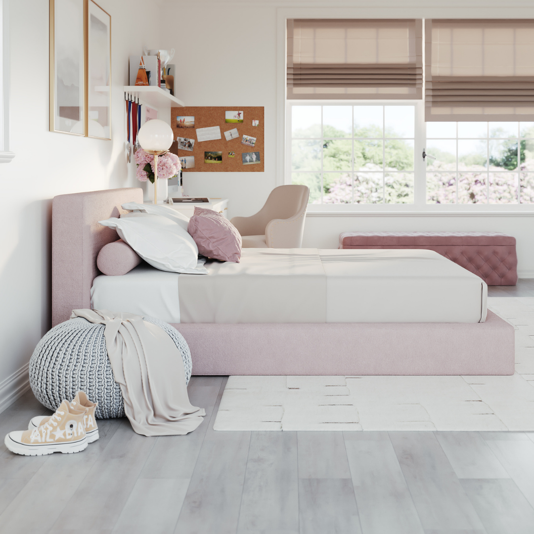 Pink bed frame in a teen bedroom | Ultra Set in Cotton Candy, Queen, side view | SoftFrame Designs