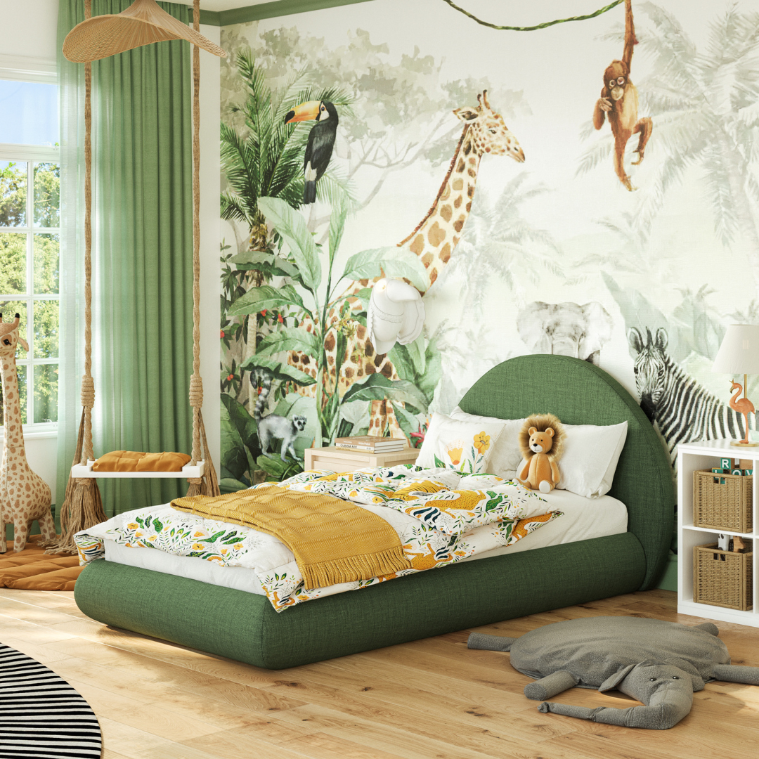 Children's bedroom with a green upholstered soft bed frame and headboard with a forest animal wallpaper in the background | Twin, Luna Set in Forest | SoftFrame Designs