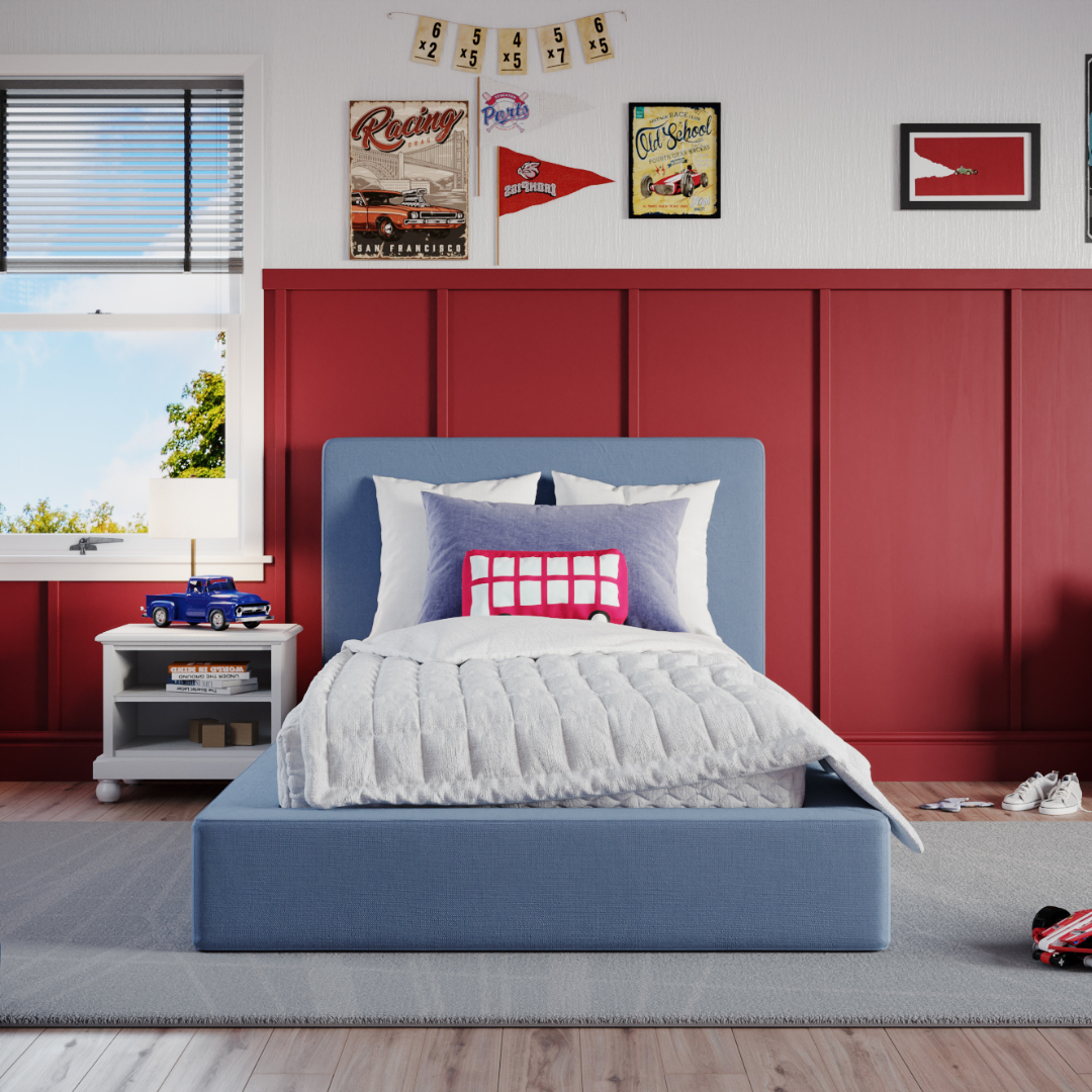 A kids' bedroom featuring a blue upholstered bed frame and headboard | Twin, Ultra Bed Set in Sky blue | SoftFrame Designs