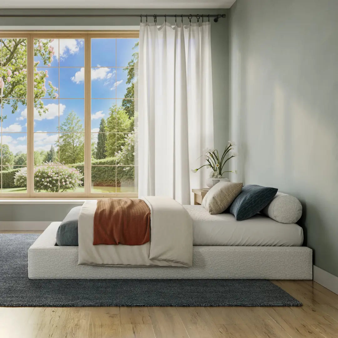 Ultra bed frame| All cushioned bed frame| side view| SoftFrame Designs| Bouclé |