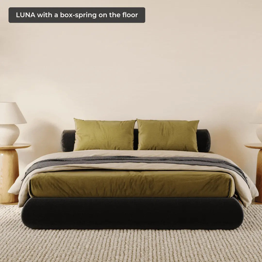 Cloud bed frame| Onyx | Black bed frame| SoftFrame Designs| All cushioned bed frames| Front view angle|