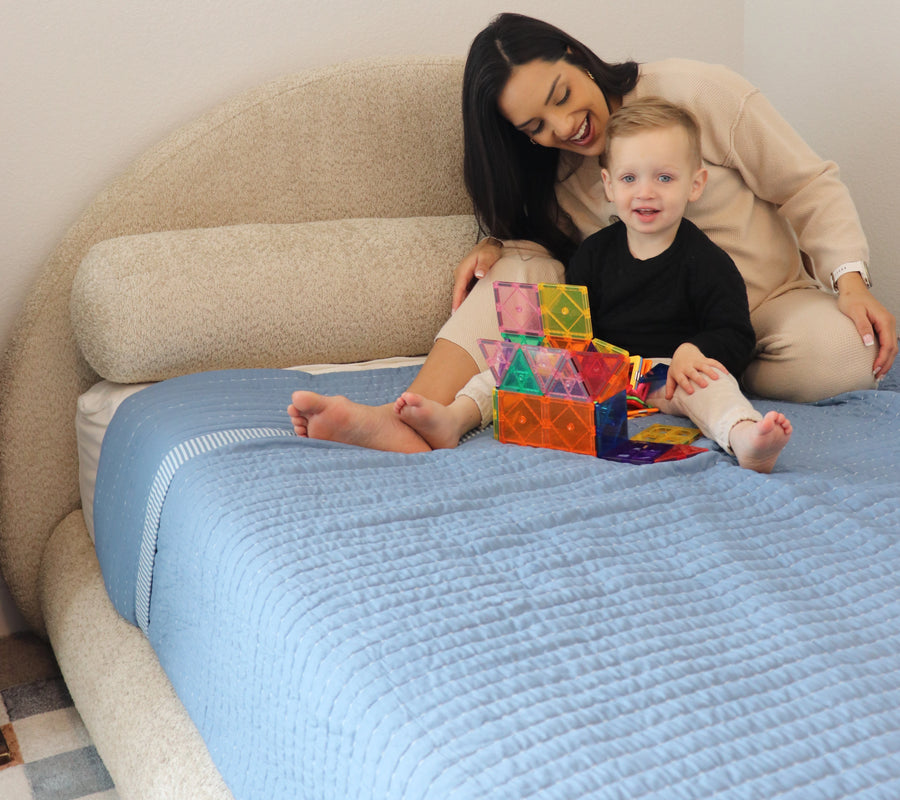All cushioned bed frames| Brown boucle bed frame| SoftFrame Designs| Kid safe bed frames| Big boy bed|