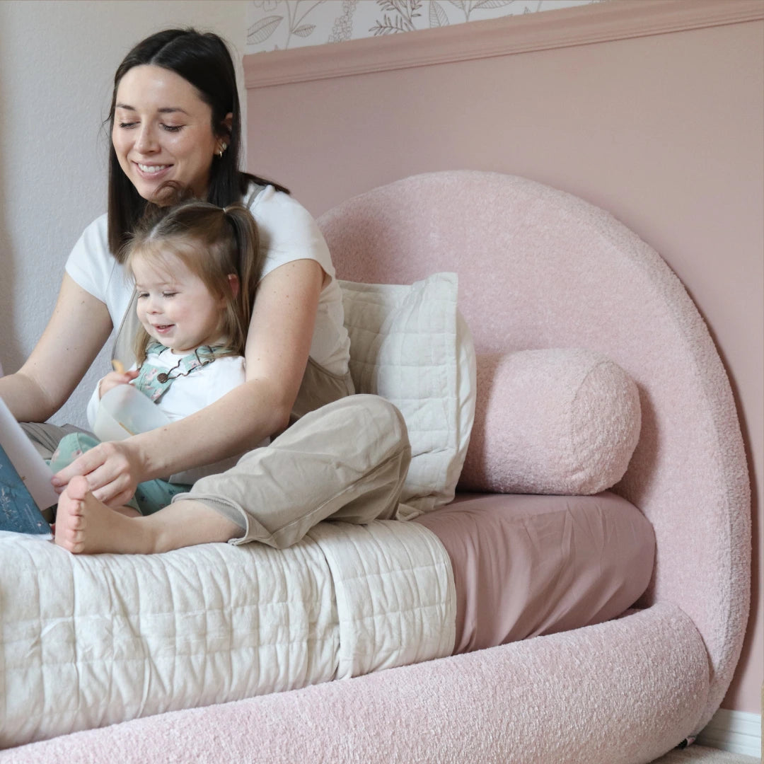 All cushioned headboard in kids room | Kids Luna headboard, twin, Cotton Candy pink, 3/4 view | SoftFrame Designs