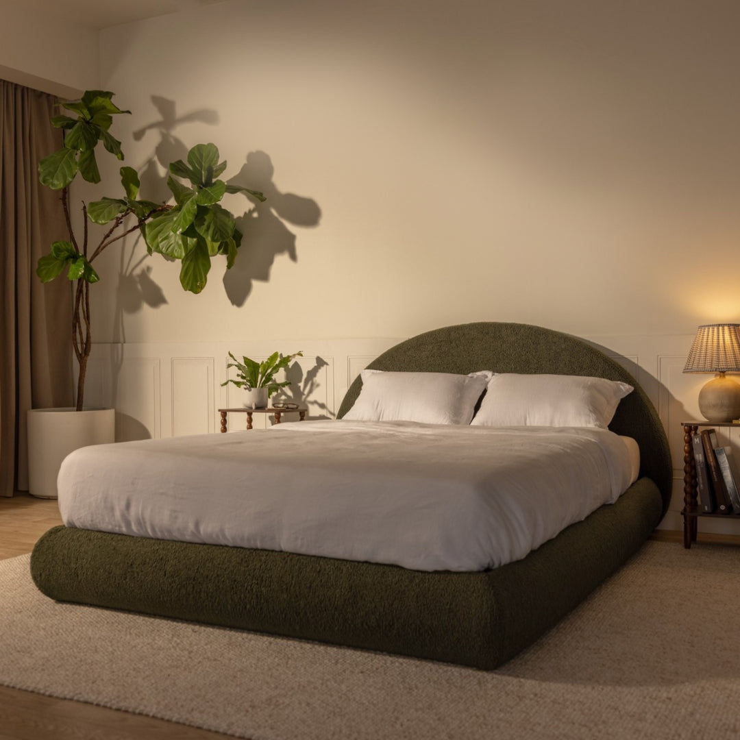 Modern bedroom with a moss green bed frame, nightstands, and decorative plants | Luna Set in Moss | SoftFrame® Designs