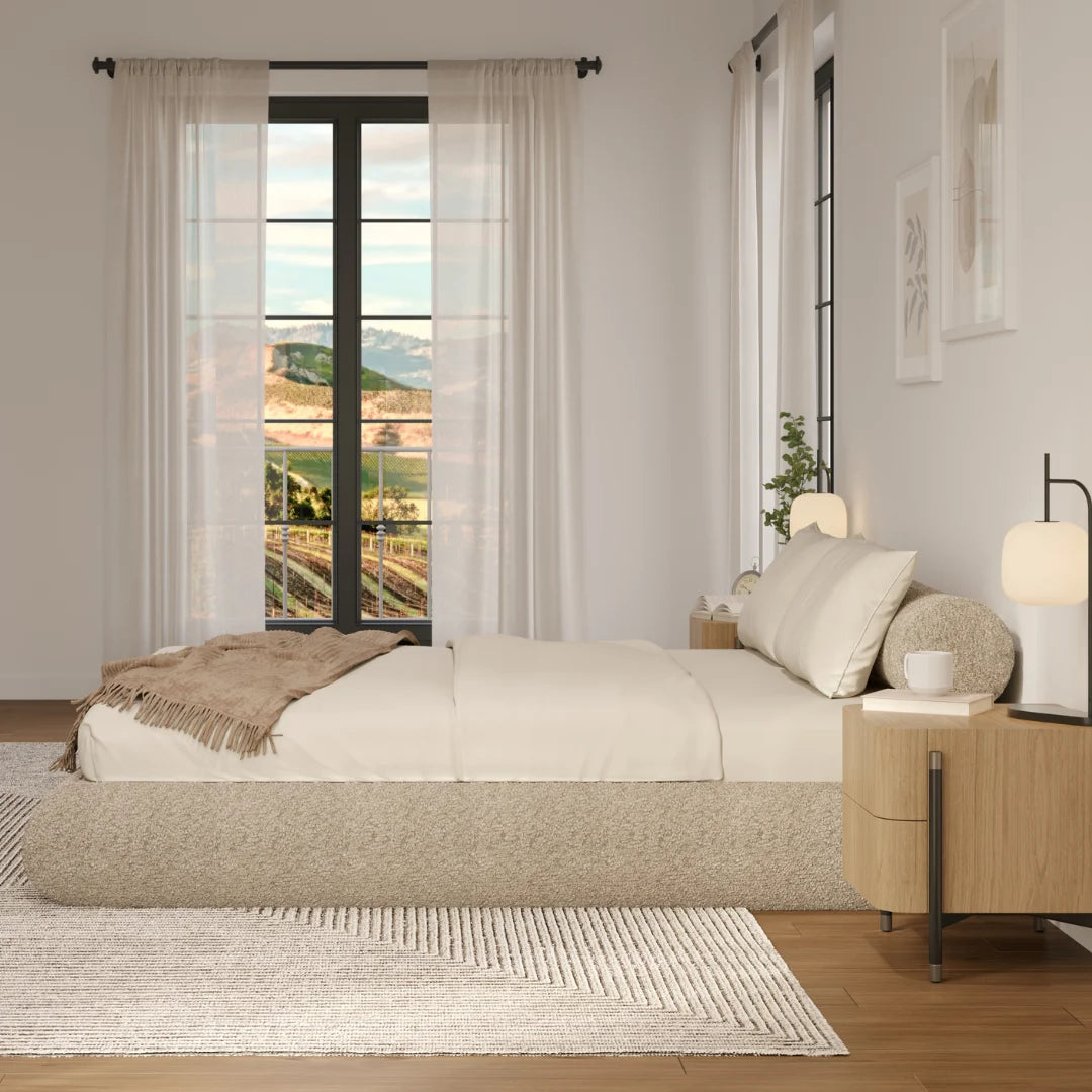 Teddy cloud bed | Luna bed frame, Queen, Brown Bouclé, side view | SoftFrame Designs