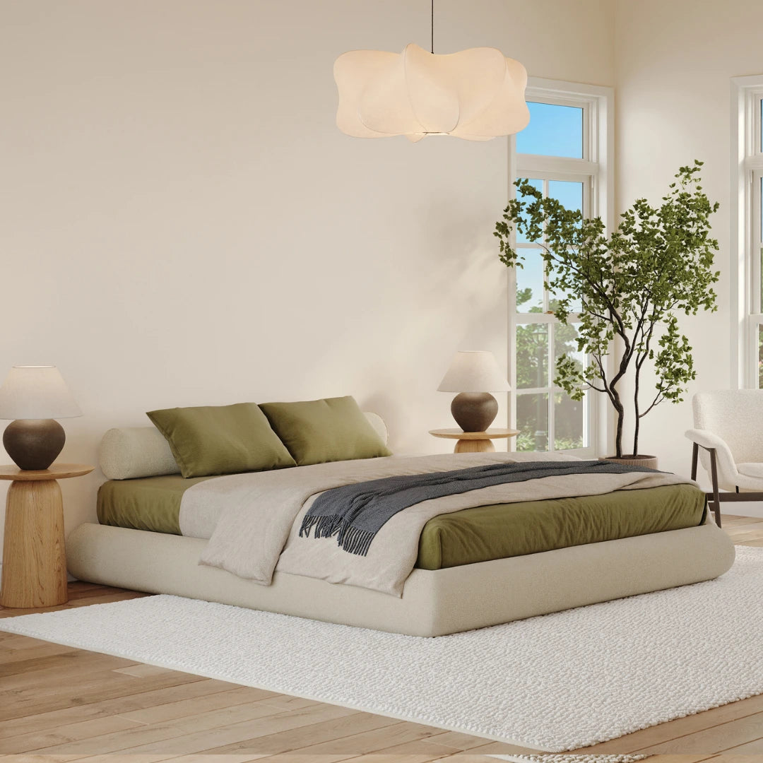 Luna dune bed frame| All cushioned bed frame| SoftFrame Designs| Beige bed| Bolster pillow| 3/4 view angle