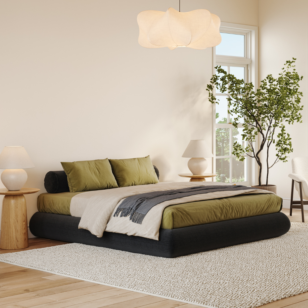All cushioned bed frame| 3/4 bed frame| Onyx round bolster| SoftFrame Designs| Onyx |