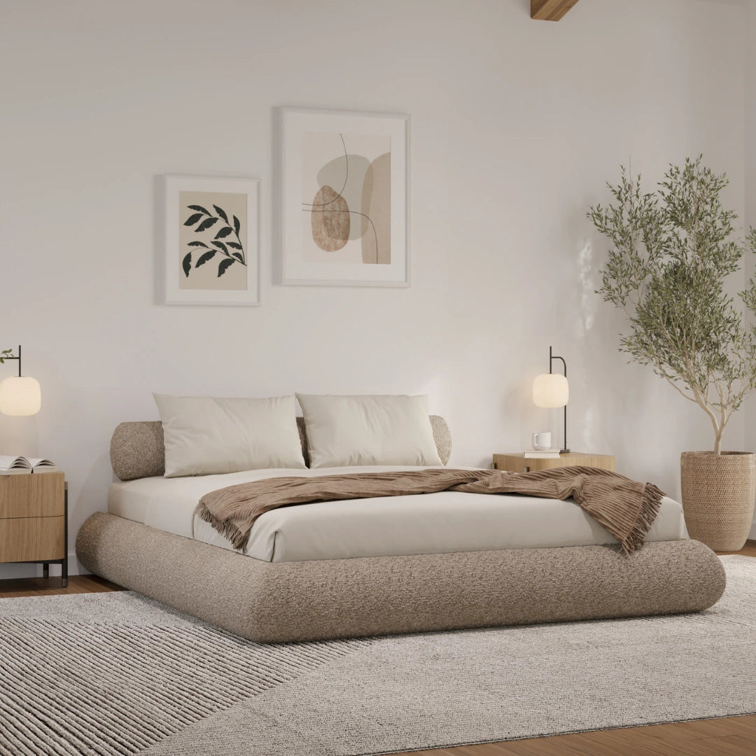 Teddy cloud bed | Luna bed frame, Queen, Brown Bouclé, 3/4 angle view | SoftFrame Designs