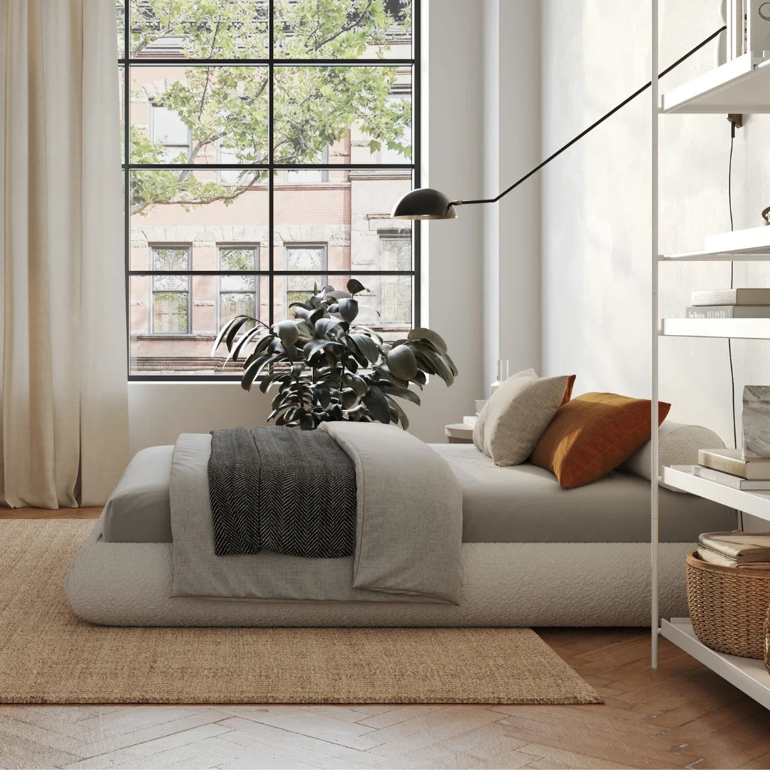 White Bouclé cloud bed | Luna bed frame, Queen, White, side view | SoftFrame Designs