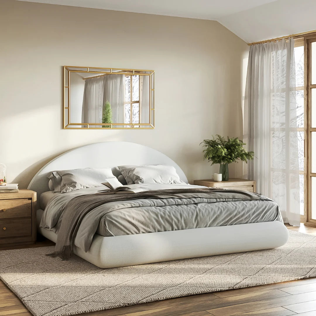 All cushioned cloud bed | Luna headboard, Queen, White, 3/4 angles view | SoftFrame Designs
