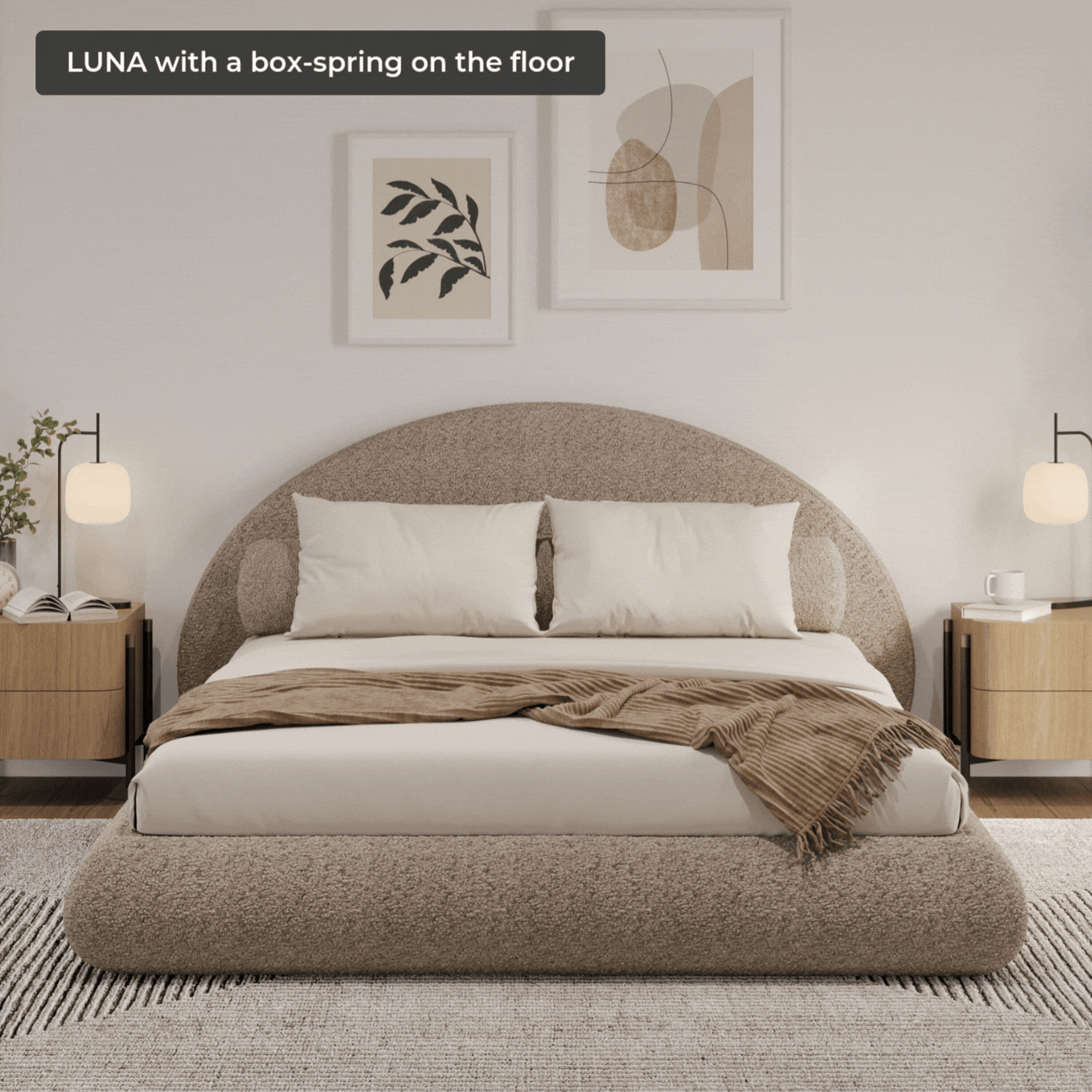 Teddy cloud bed | Luna set, Queen, Brown Bouclé, Front view | SoftFrame Designs