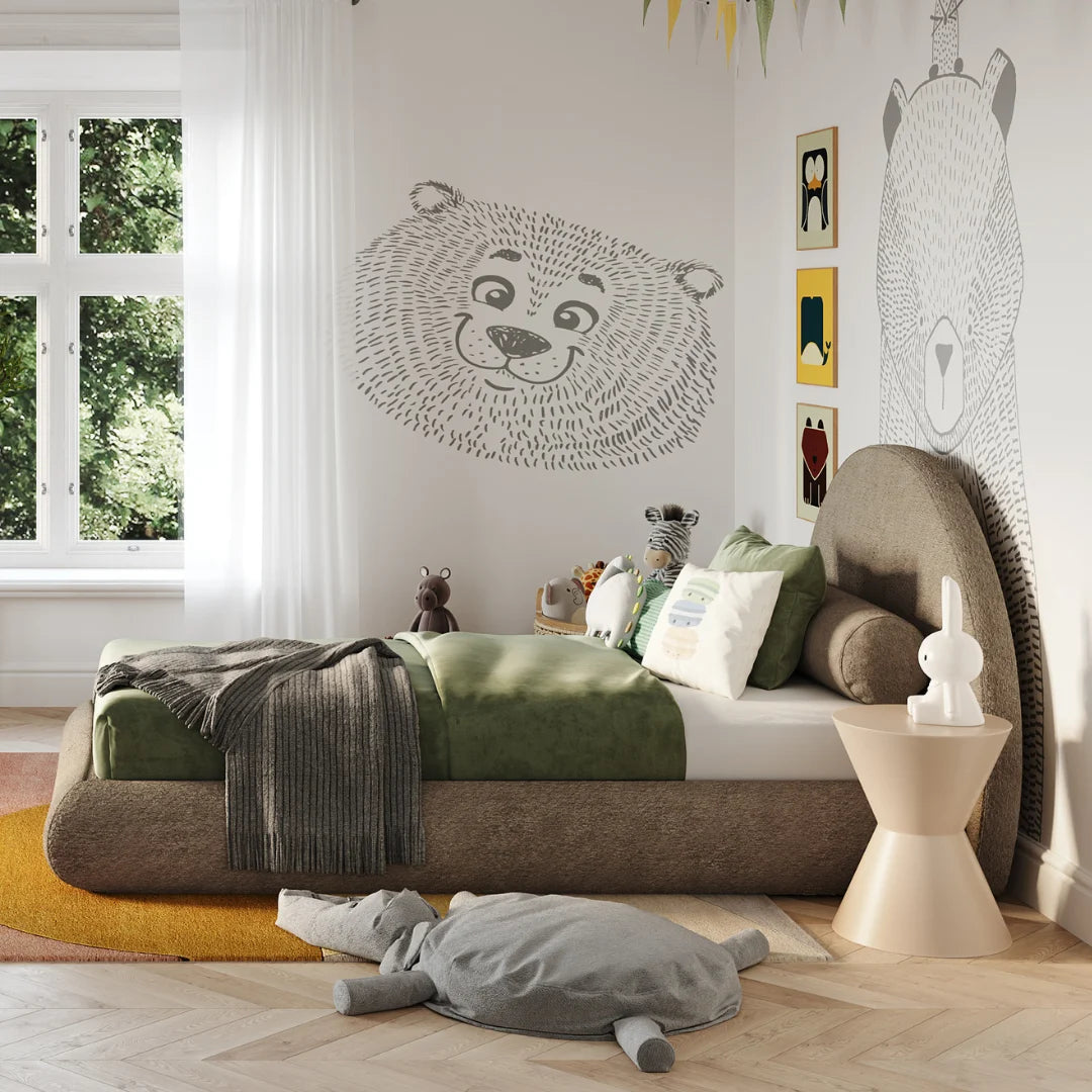 All cushioned bed frame| SoftFrame Designs| Soft bed| Kids protective bed frame | Safe bed for kids| Teddy brown|