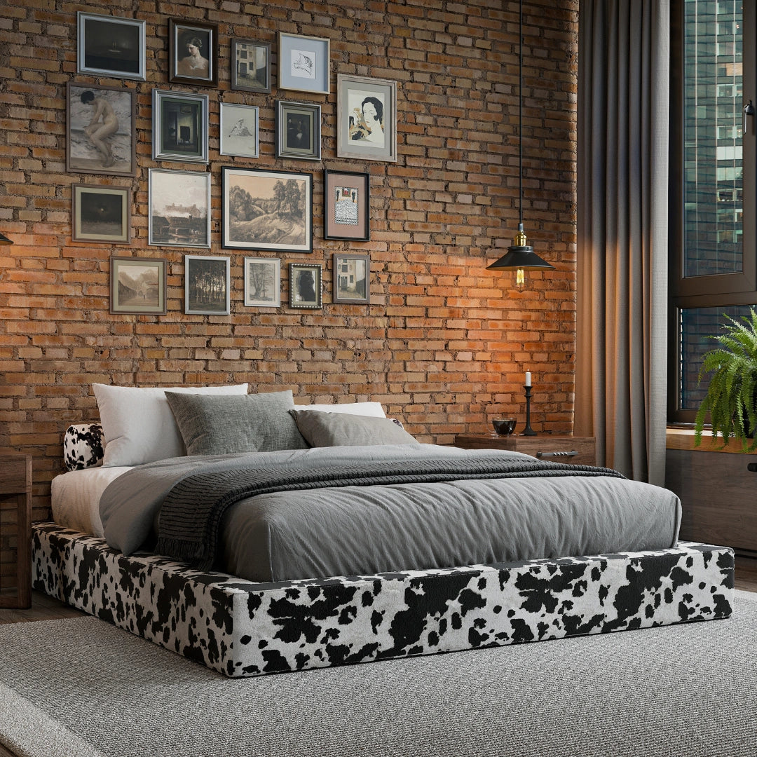 SoftFrame Designs | Cloud bed frame| All cushioned bed frame| Vegan Cowhide | Black and white| 3/4 view| Upholstered bed|
