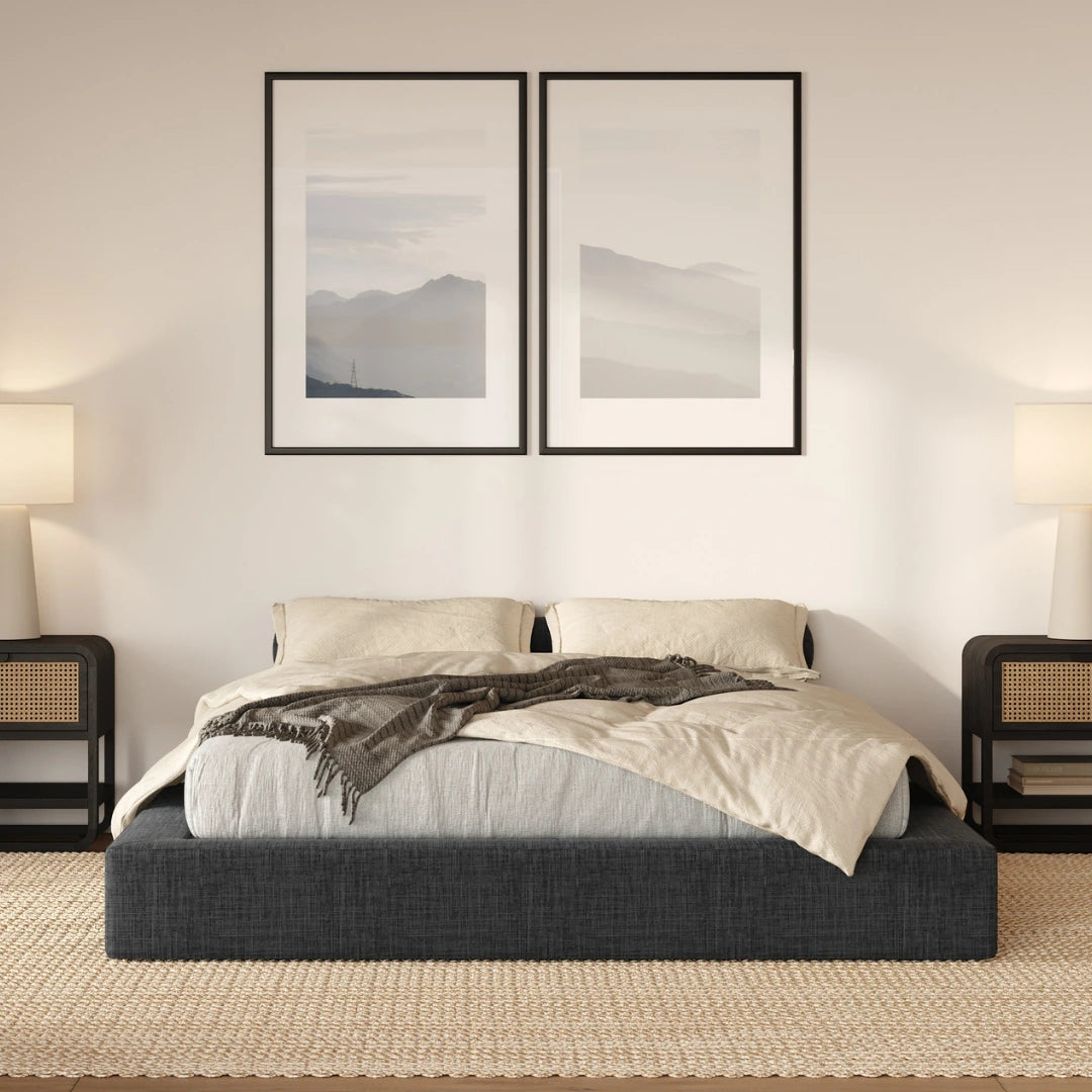 SoftFrame Designs | Cloud bed frame| All cushioned bed frame| Charcoal| Dark gray| Front view| Upholstered bed|