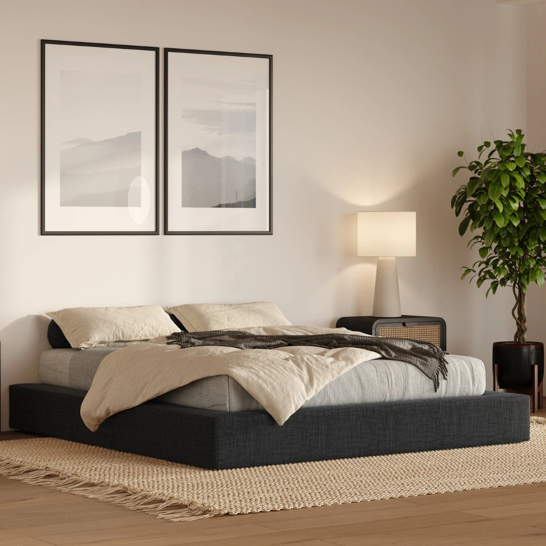 SoftFrame Designs | Cloud bed frame| All cushioned bed frame| Charcoal| Dark gray| angle view| Upholstered bed|