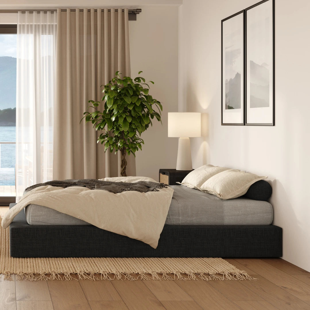 SoftFrame Designs | Cloud bed frame| All cushioned bed frame| Charcoal| Dark gray| Side view| Upholstered bed|
