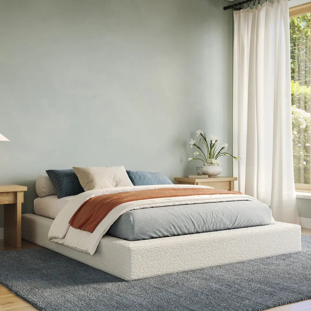 Ultra bed frame| All cushioned bed frame| 3/4 view| SoftFrame Designs| Bouclé |
