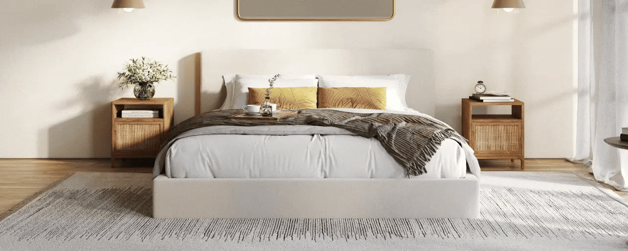 Classic Dune bed set| All cushioned bed frame| SoftFrame Designs| Minimalist Modern bed| Beige bed|