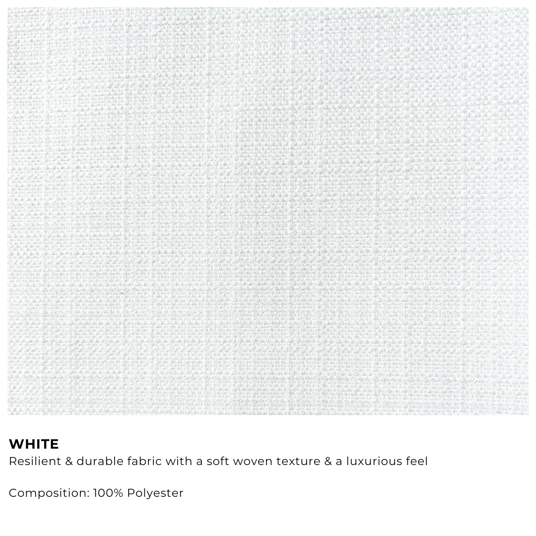 White fabric swatch with description