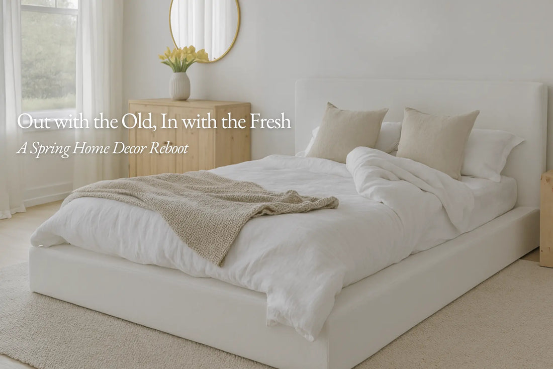 A SoftFrame bed frame and headboard in green in bedroom that was refreshed and decorated for spring