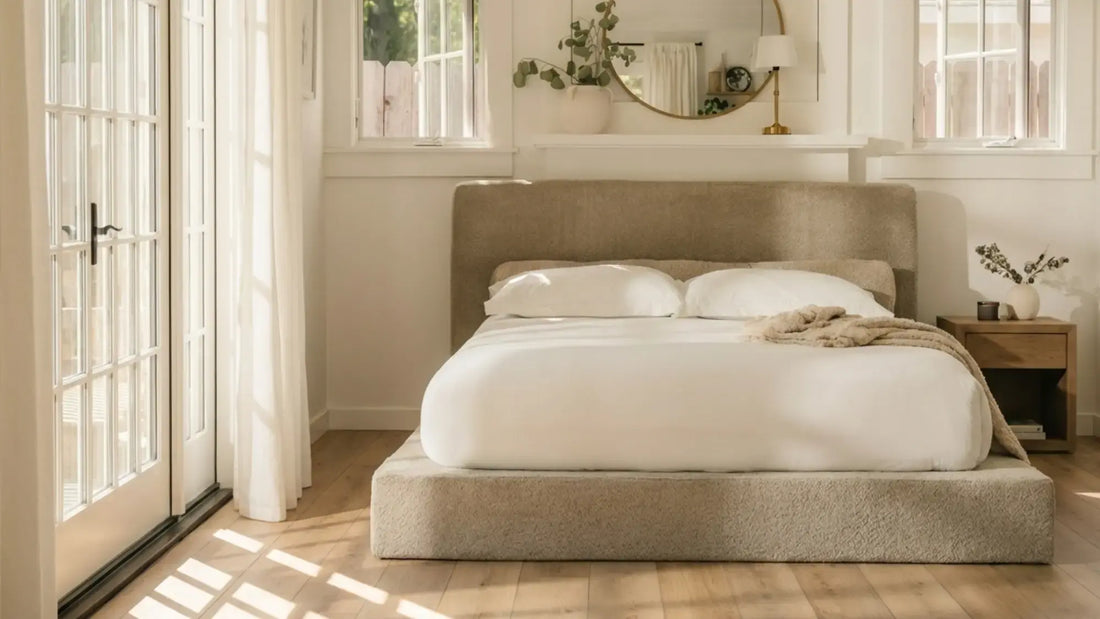 Modern minimalist bedroom featuring an upholstered bed frame and headboard by SoftFrame Designs