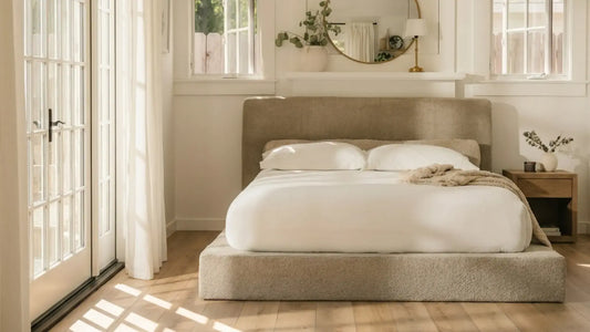 Modern minimalist bedroom featuring an upholstered bed frame and headboard by SoftFrame Designs