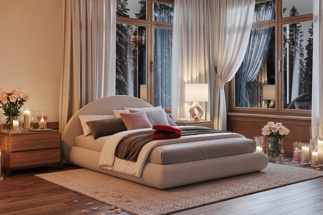 A SoftFrame Designs Luna headboard and bedframe in a romantic bedroom adorned with flowers and candles