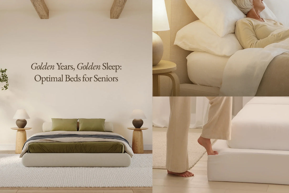 Collage of soft, all cushioned bed frames and a senior lady surrounded by a protective bed