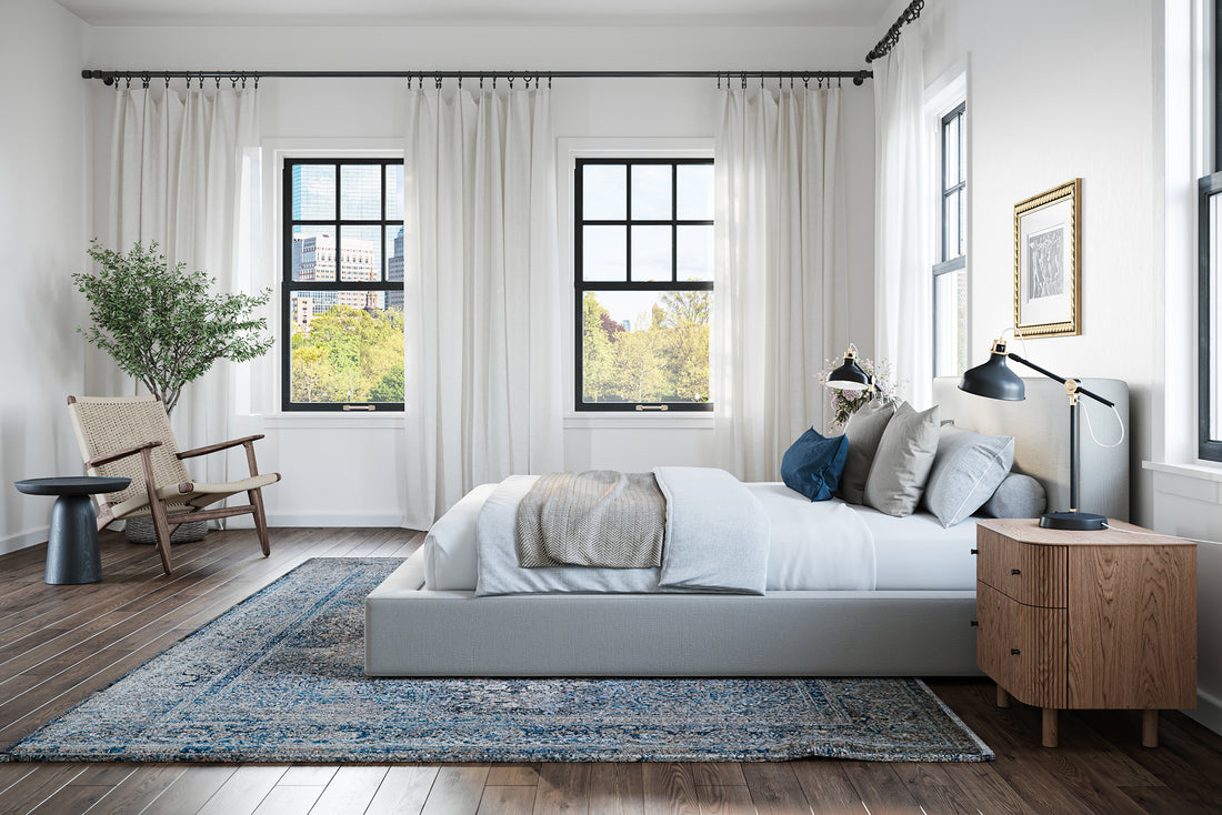 A well decorated bedroom featuring a SoftFrame Designs bed frame and headboard