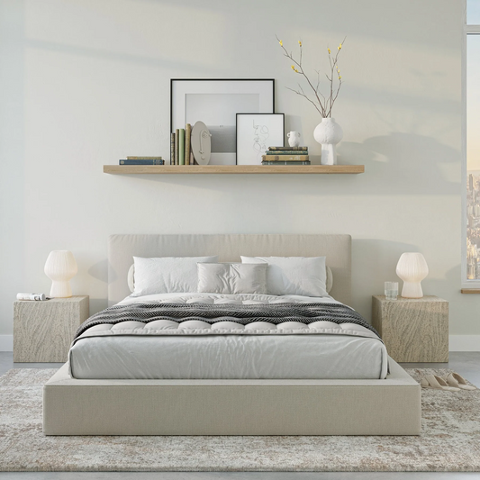 An upholstered bed frame from SoftFrame Designs in a well decorated bedroom