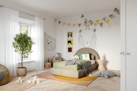 The Luna headboard and bed frame in a well decorated child's bedroom