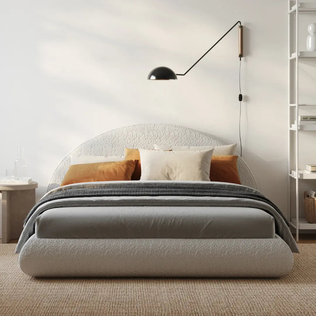 Bouclé cloud bed | Luna set, Queen, White, front view | SoftFrame Designs