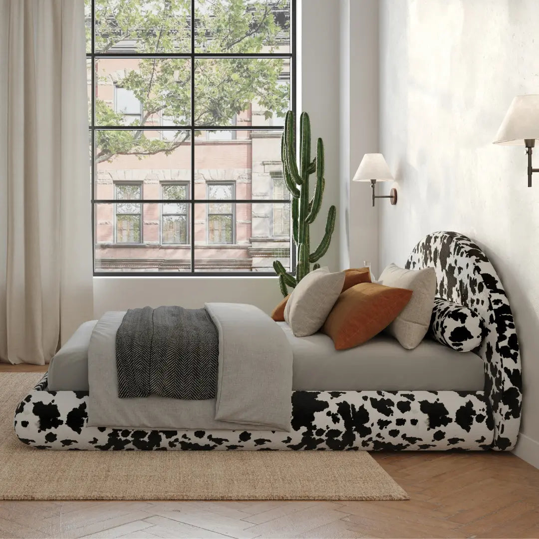 All cushioned bed frame| Luna set| Vegan Cowhide| Queen| 3/4 Angle| SoftFrame Designs| 