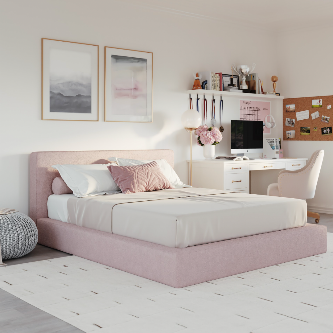 Pink bed frame in a modern teen bedroom | Queen Ultra Set in Cotton Candy | SoftFrame Designs