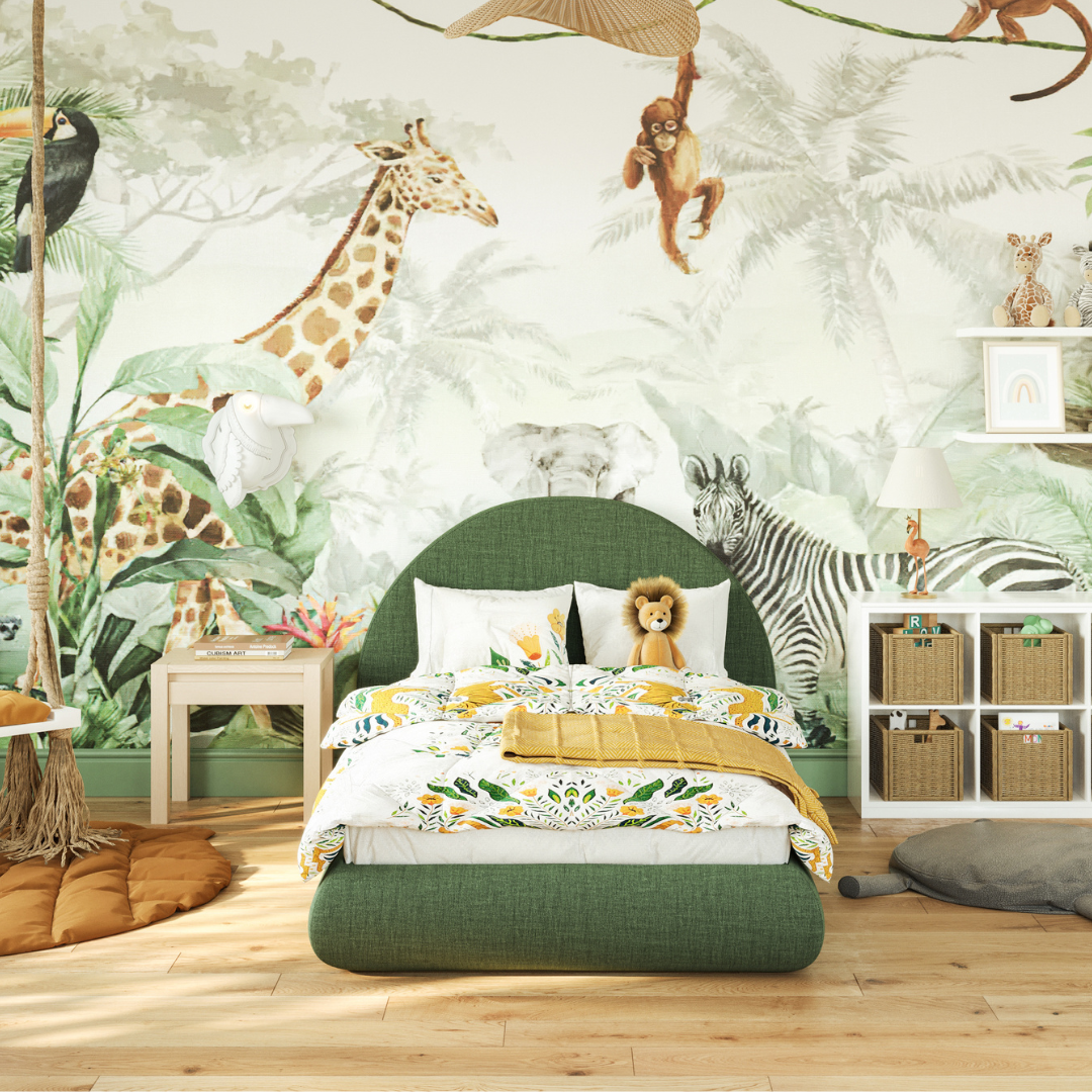 Children's bedroom furniture set including a green upholstered soft bed frame and headboard with a forest animal wallpaper in the background | Twin, Luna Set in Forest | SoftFrame Designs