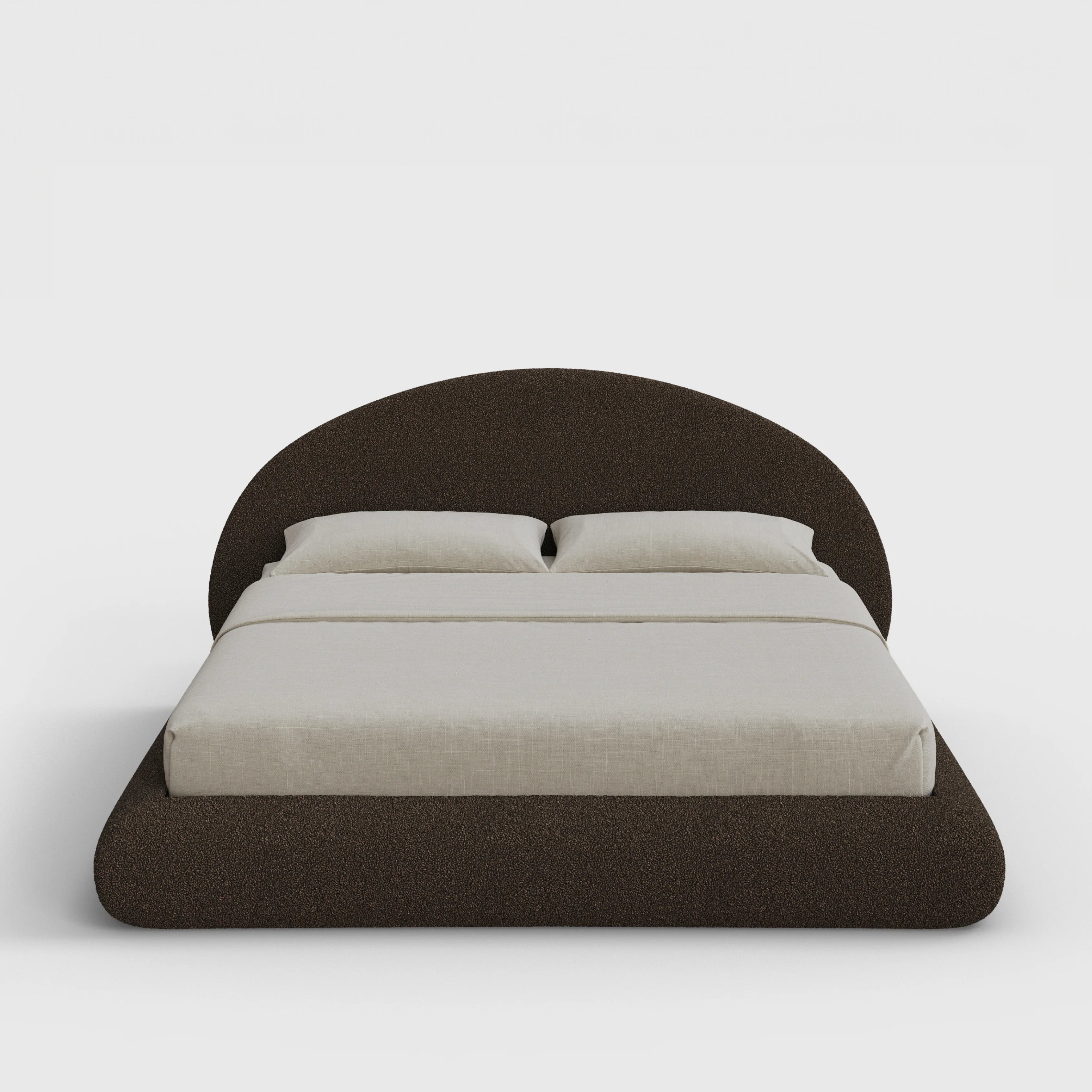 Luna Bed Frame Set | Fully Cushioned with Rounded Sides |  Chocolate Brown Boucle Fabric | Front View | SoftFrame Designs