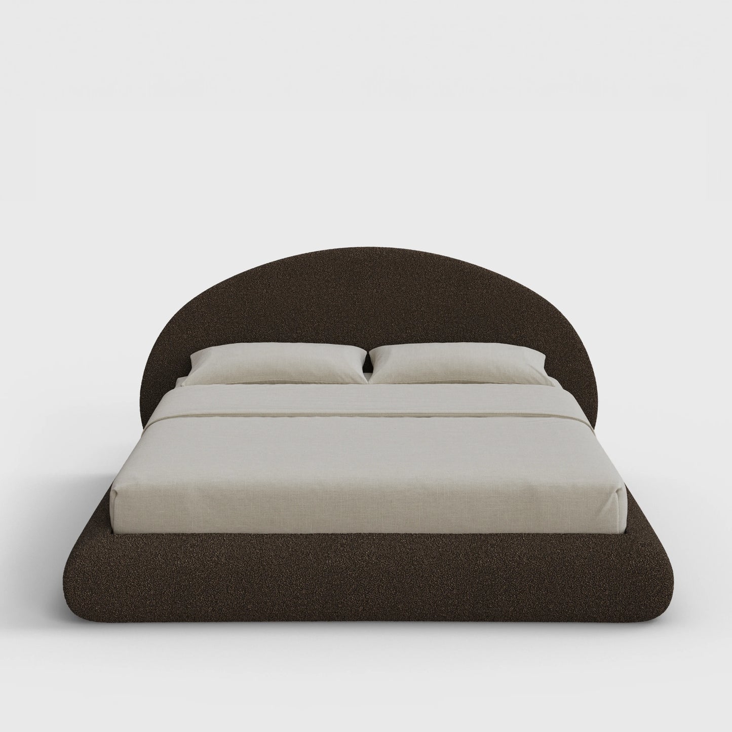 Luna Bed Frame Set | Fully Cushioned with Rounded Sides |  Chocolate Brown Boucle Fabric | Front View | SoftFrame Designs