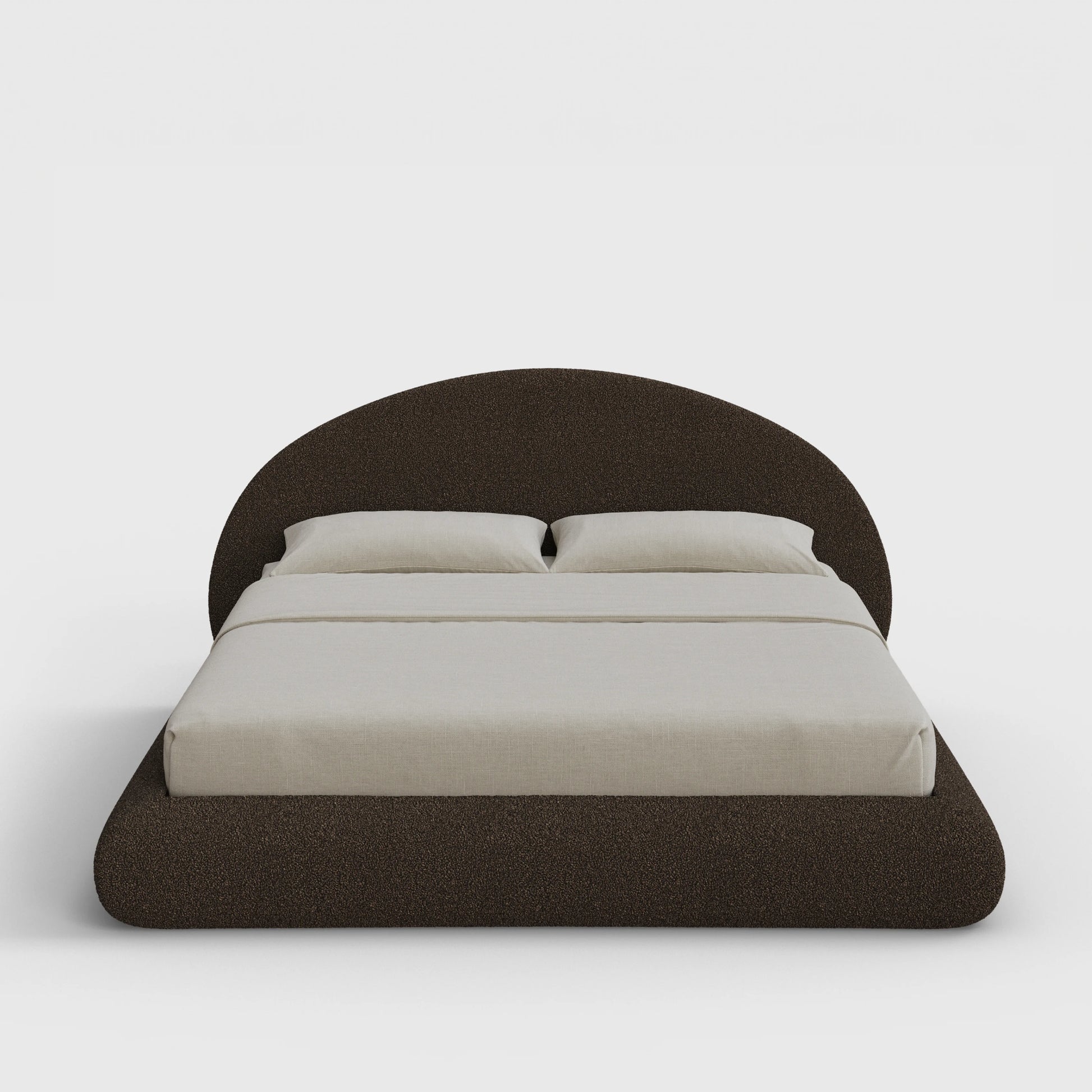 Luna Bed Frame Set | Fully Cushioned with Rounded Sides |  Chocolate Brown Boucle Fabric | Front View | SoftFrame Designs