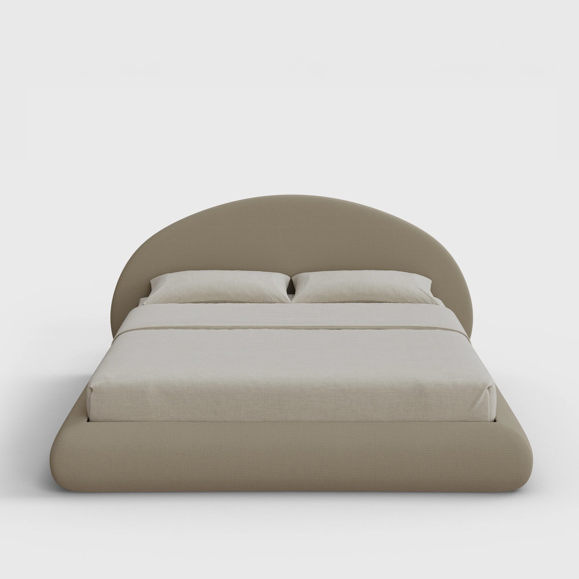 Luna Bed Frame Set | Fully Cushioned with Rounded Sides |  Sahara Taupe Beige Fabric | Front View | SoftFrame Designs