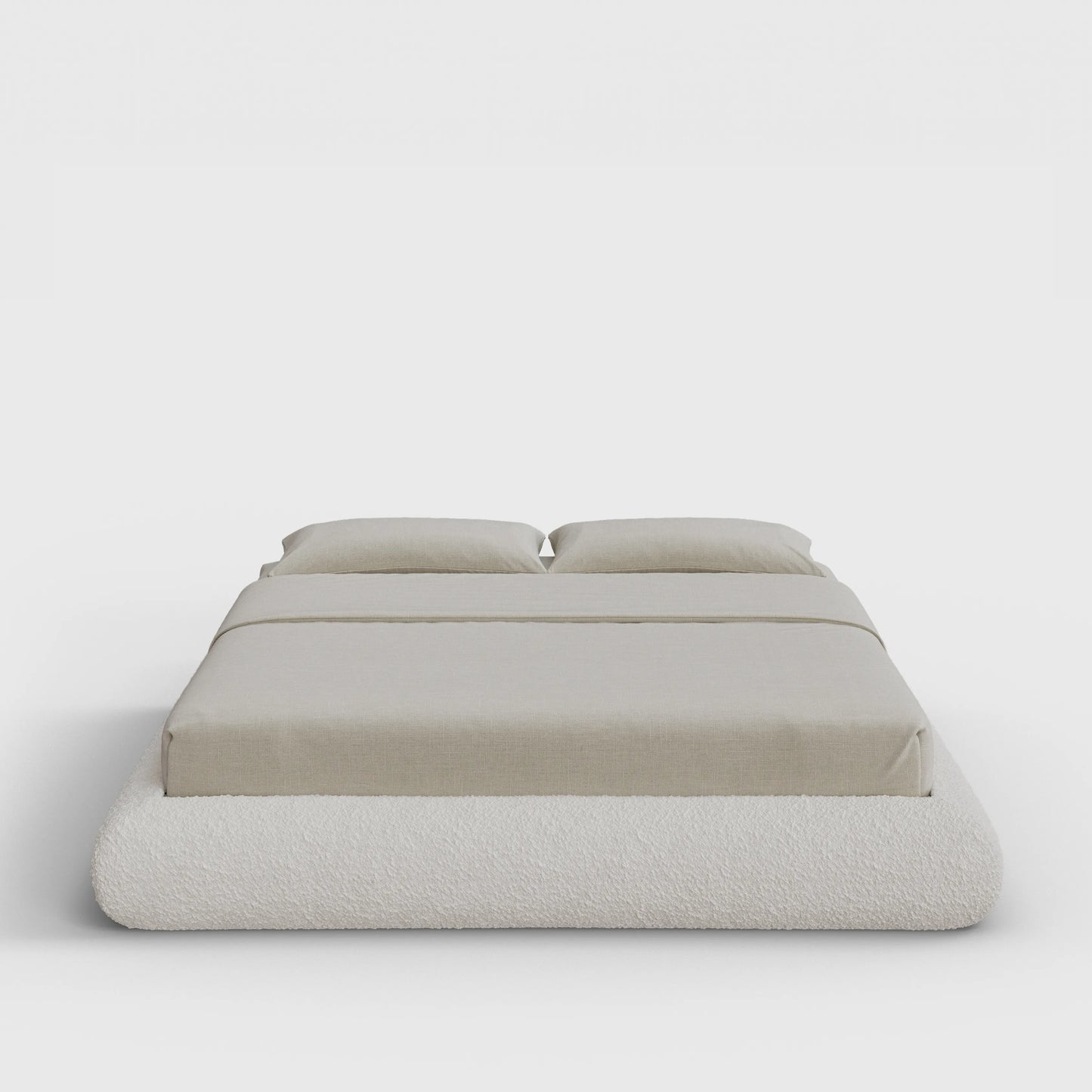 Luna Bed Frame | Fully Cushioned with Rounded Sides |  Cream Bouclé Fabric | Front View | SoftFrame Designs