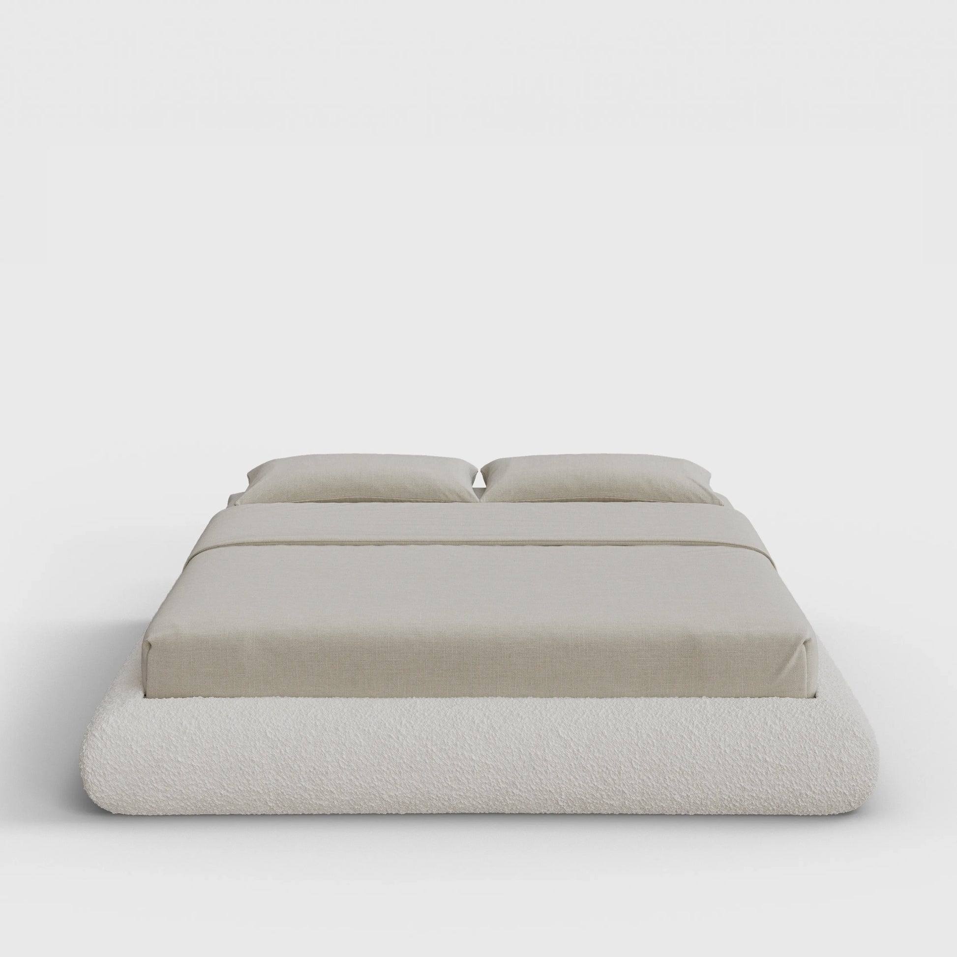 Luna Bed Frame | Fully Cushioned with Rounded Sides |  Cream Bouclé Fabric | Front View | SoftFrame Designs