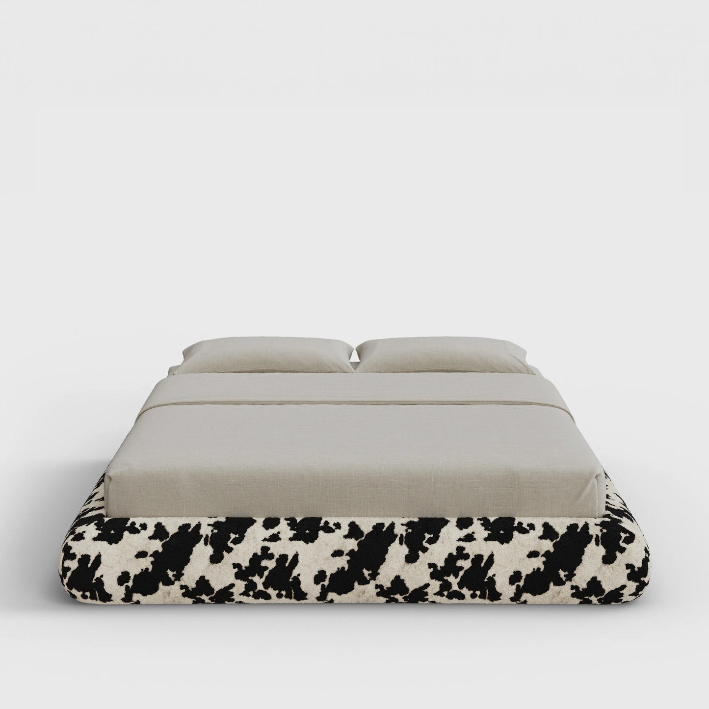 Luna Bed Frame | Fully Cushioned with Rounded Sides |  Vegan Cow Hide Fabric | Front View | SoftFrame Designs