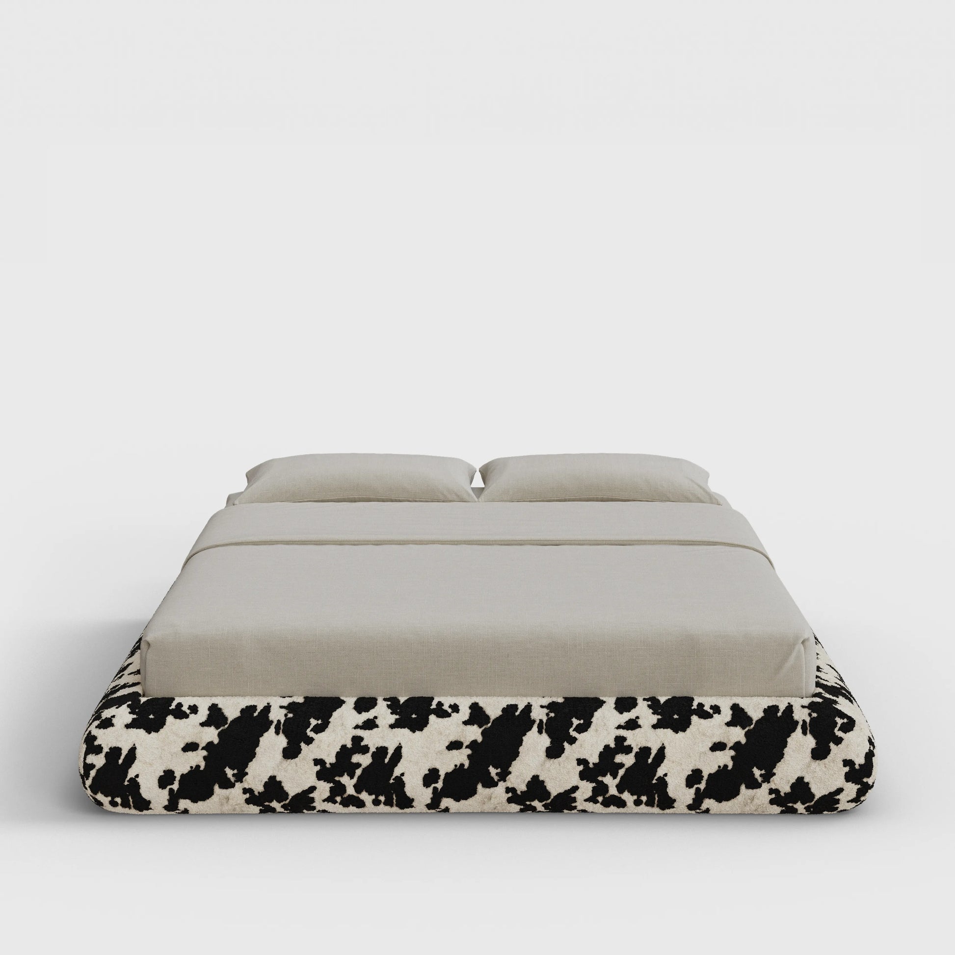 Luna Bed Frame | Fully Cushioned with Rounded Sides |  Vegan Cow Hide Fabric | Front View | SoftFrame Designs