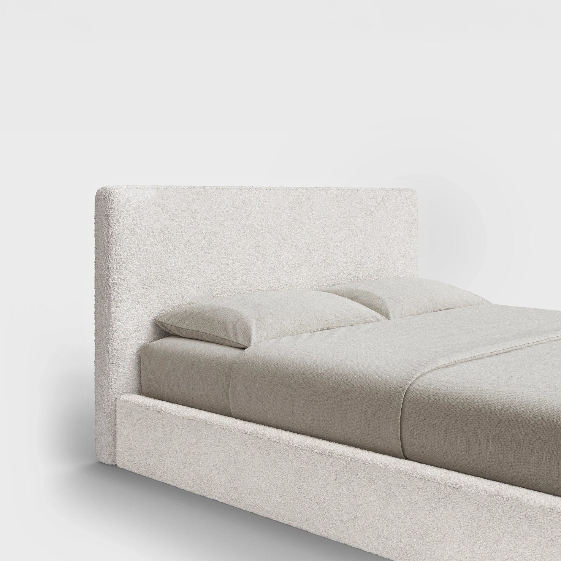 Classic Headboard | Fully Cushioned  Slim Rectangular Headboard |  Cream Bouclé Fabric | ¾ View | SoftFrame Designs