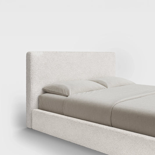 Classic Headboard | Fully Cushioned  Slim Rectangular Headboard |  Cream Bouclé Fabric | ¾ View | SoftFrame Designs