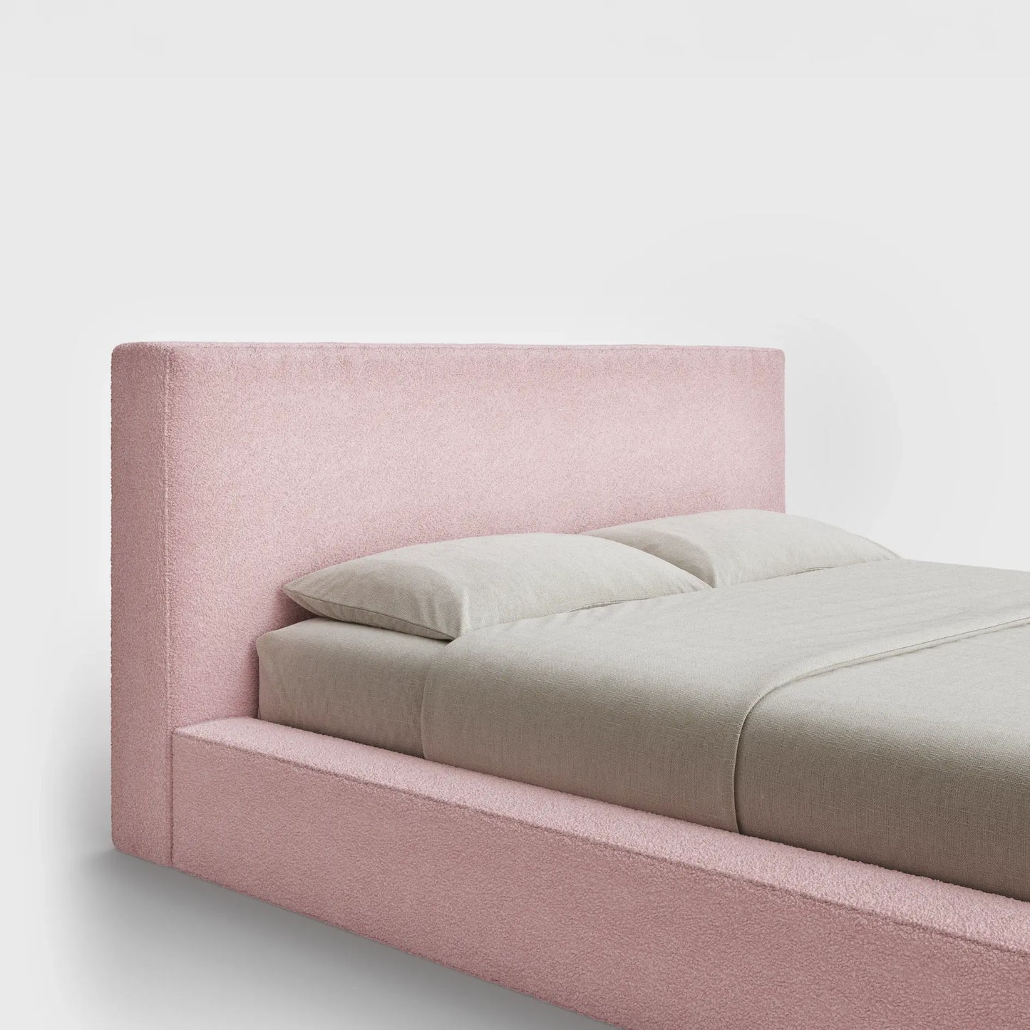 Ultra Headboard | Fully Cushioned Rectangular Headboard |  Pink Cotton Candy Boucle Fabric | ¾ View | SoftFrame Designs