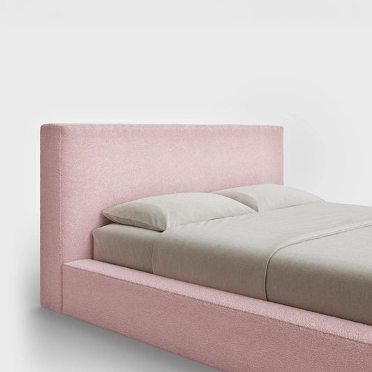 Ultra Headboard | Fully Cushioned Rectangular Headboard |  Pink Cotton Candy Boucle Fabric | ¾ View | SoftFrame Designs