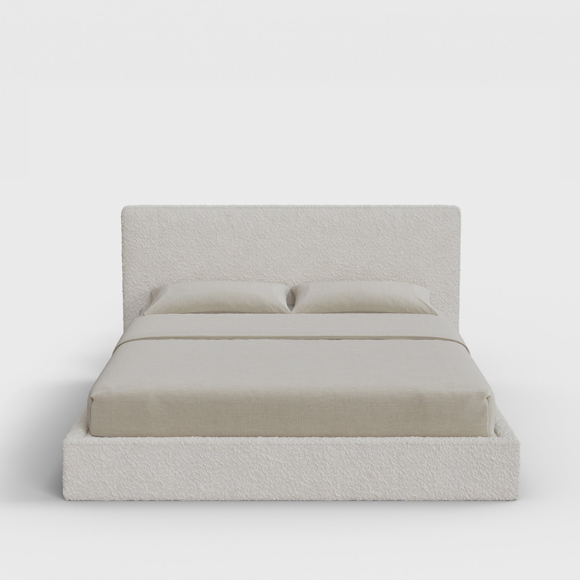 Classic Bed Frame Set | Fully Cushioned with Slim Rectangular Sides |  Cream Bouclé Fabric | Front View | SoftFrame Designs